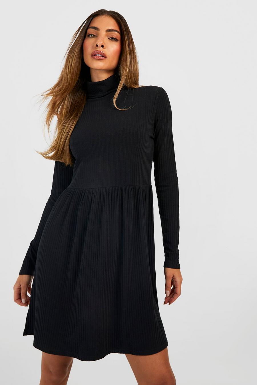 Langärmliges geripptes Rollkragen-Kleid, Black image number 1