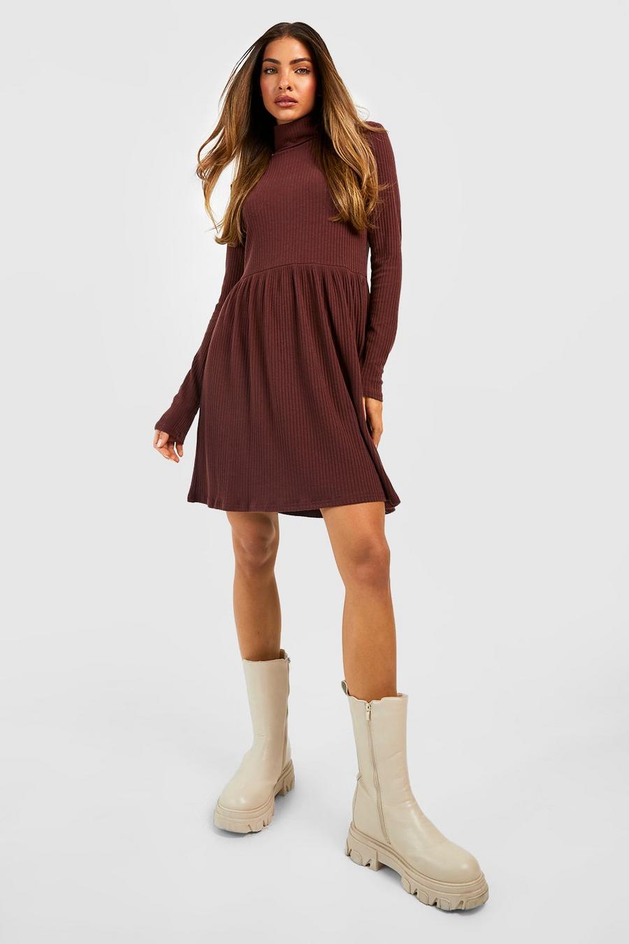 Chocolate brown Turtleneck Long Sleeve Soft Rib Shift Dress image number 1