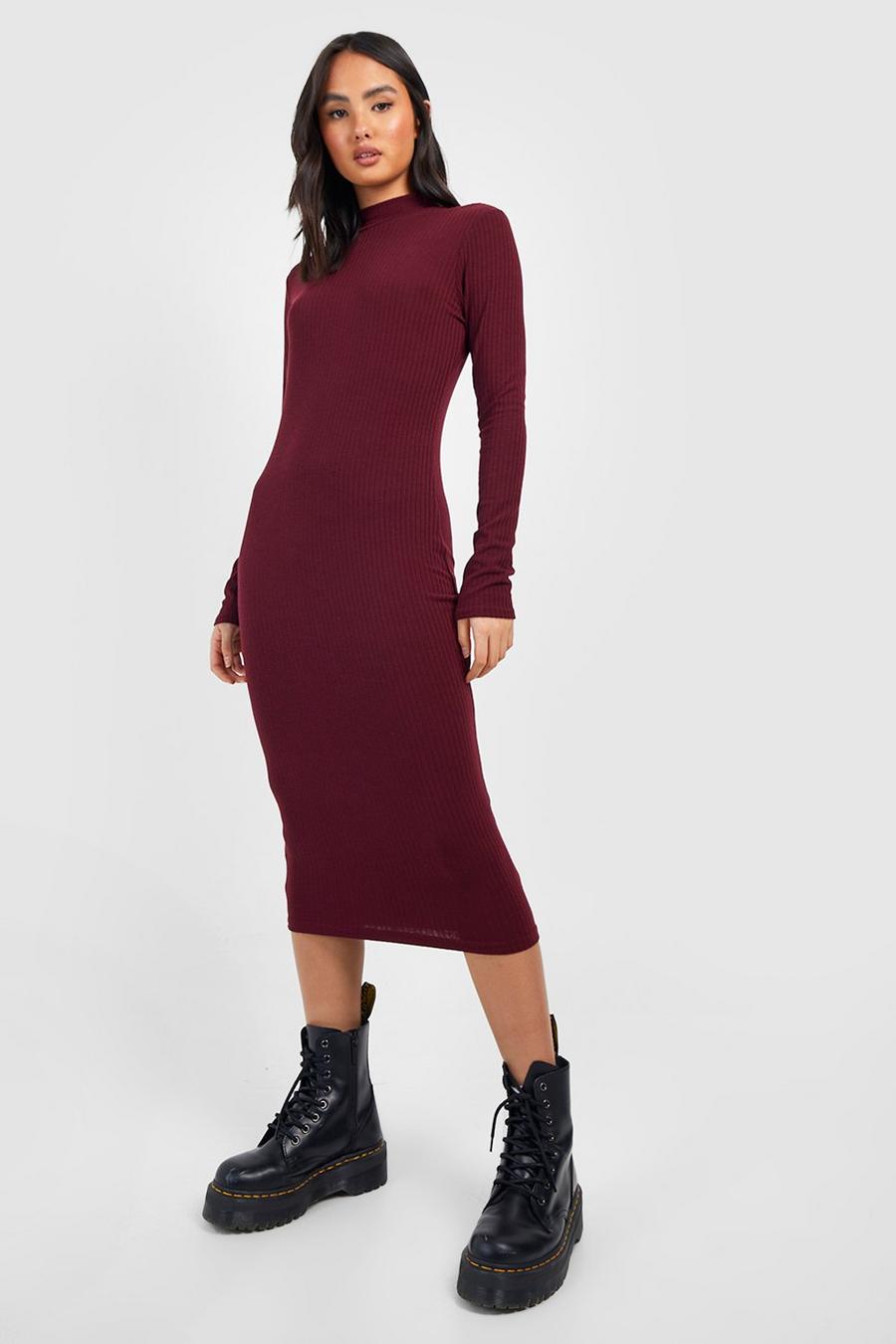 Berry red High Neck Long Sleeve Soft Rib Midi Dress image number 1