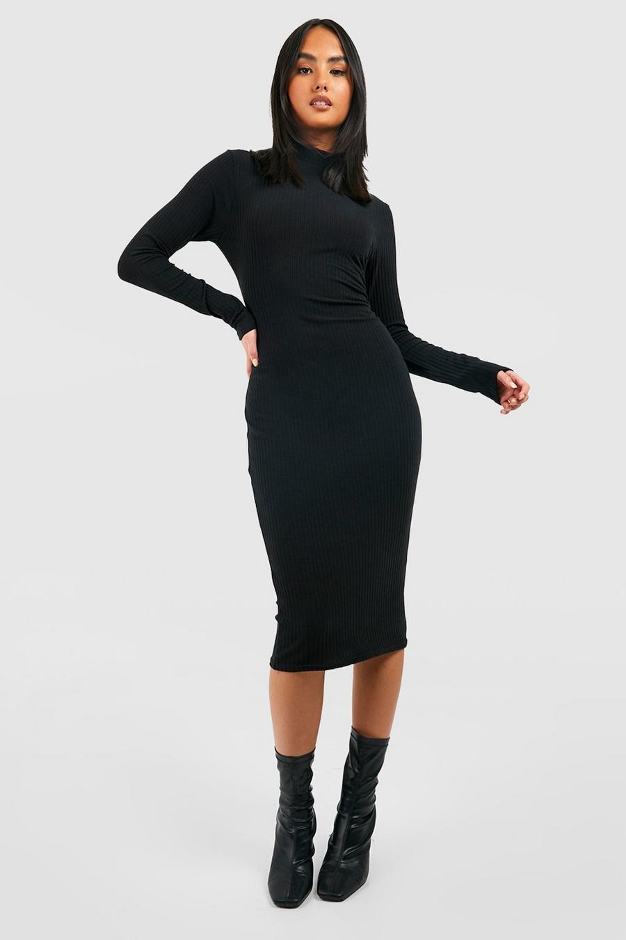 Black High Neck Long Sleeve Soft Rib Midi Dress image number 1