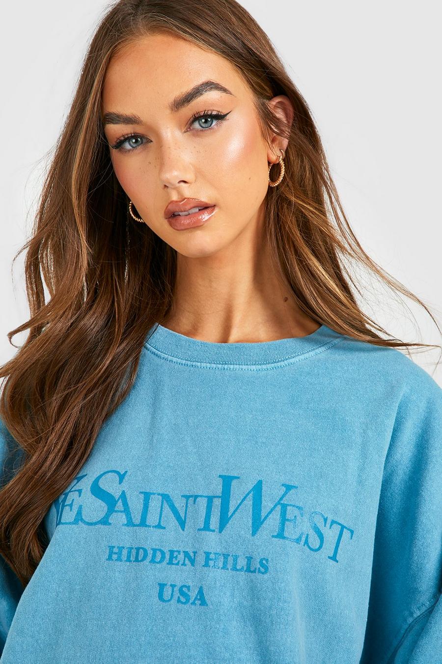 Oversize Sweatshirt mit Ye Saint West Slogan, Teal image number 1