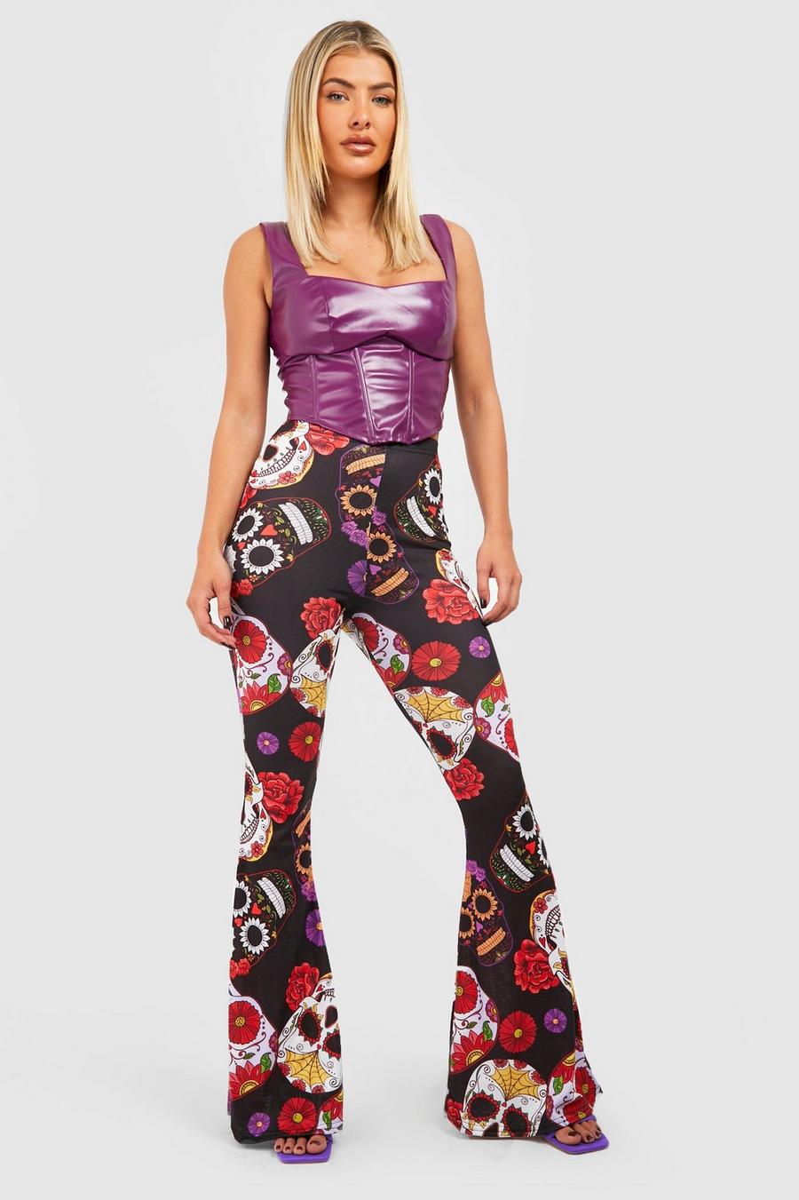 Black Halloween Sugar Skull Printed High Waisted Flared Trousers image number 1