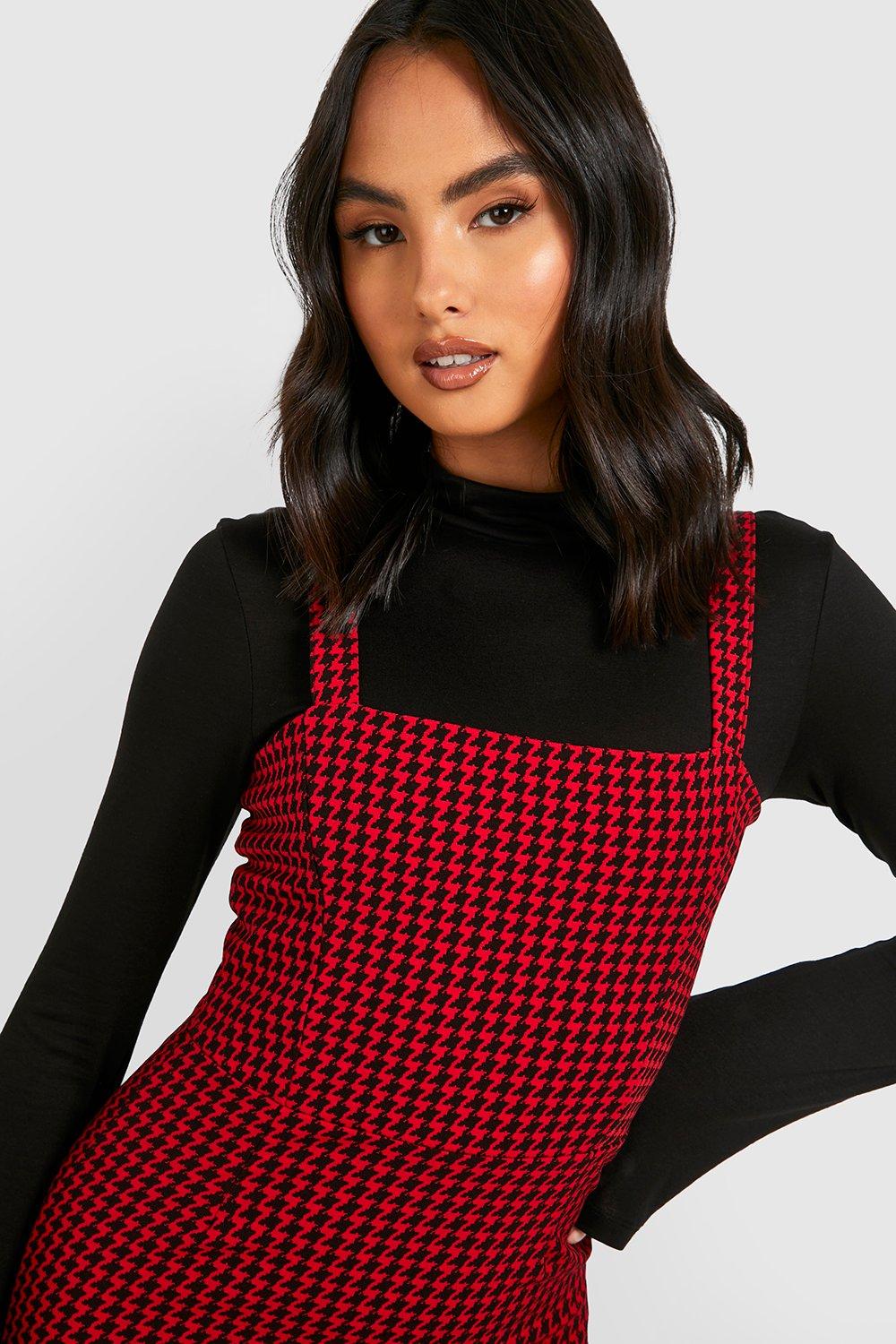 Dogtooth Pinafore Dress boohoo UK