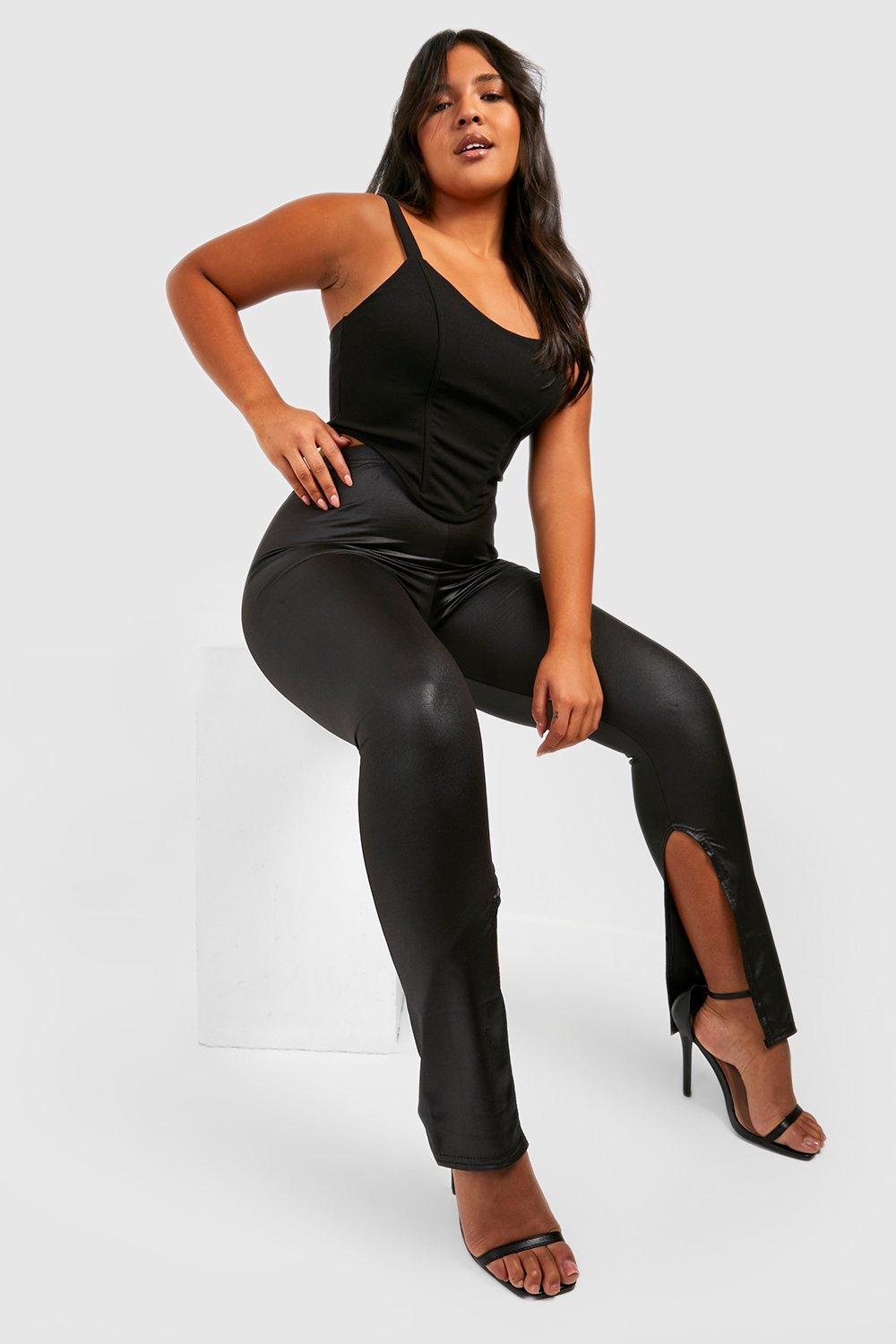 Plus Shiny High Waisted Split Hem Leggings