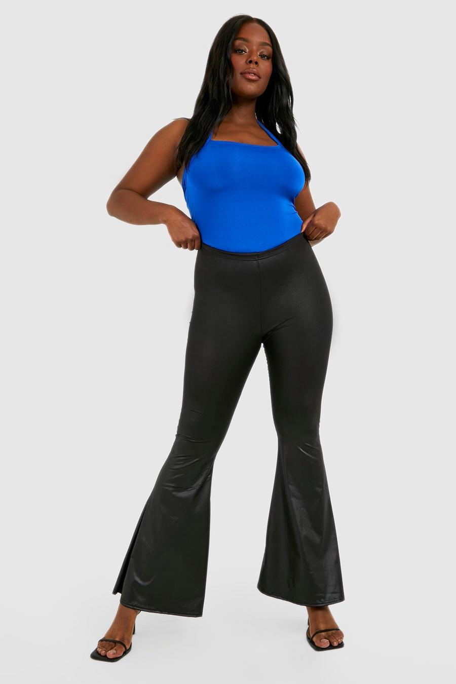 Black Plus Shiny High Waisted Ruched Bum Flared Pants image number 1