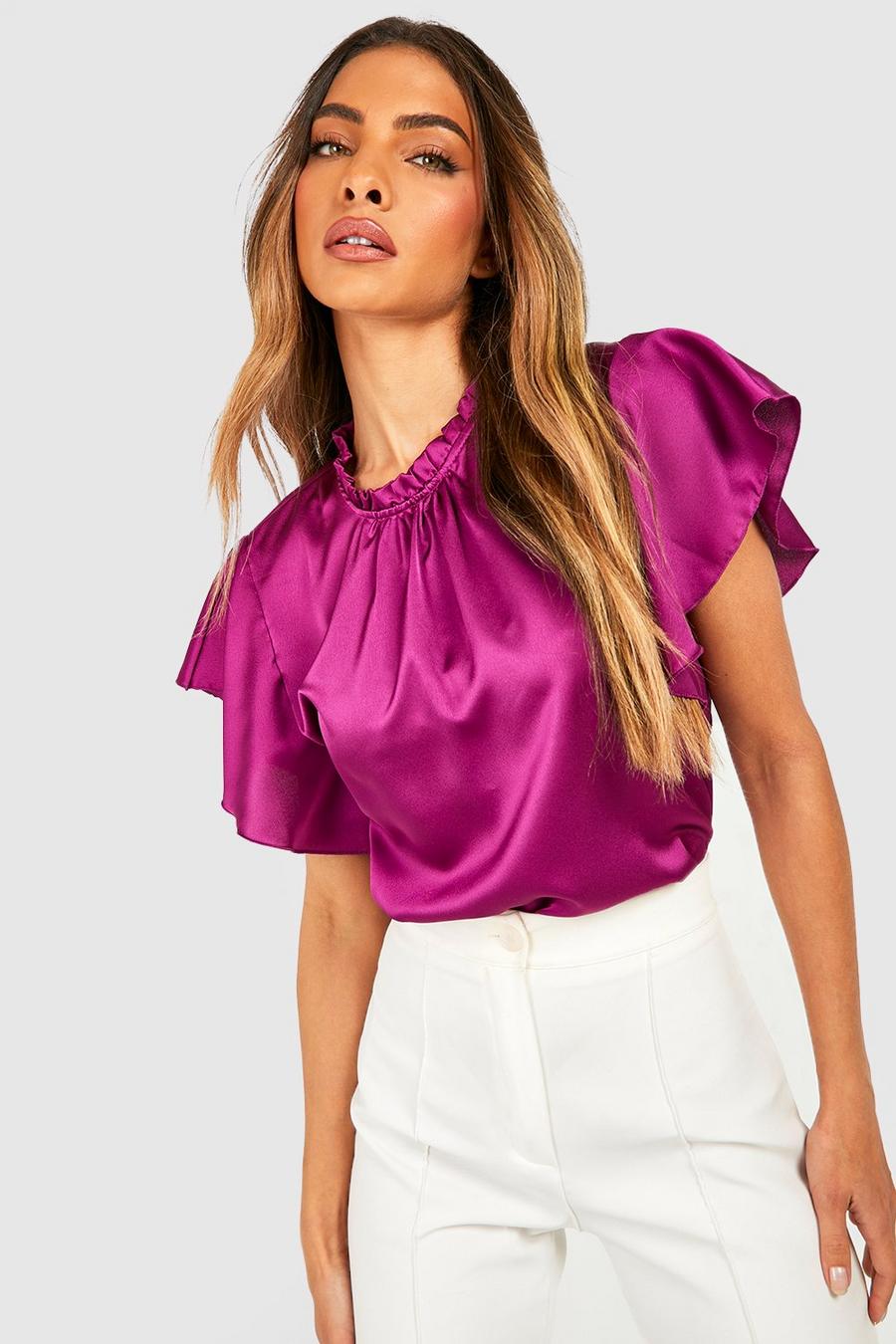 Magenta Satin Frill Sleeve And Neck Blouse image number 1