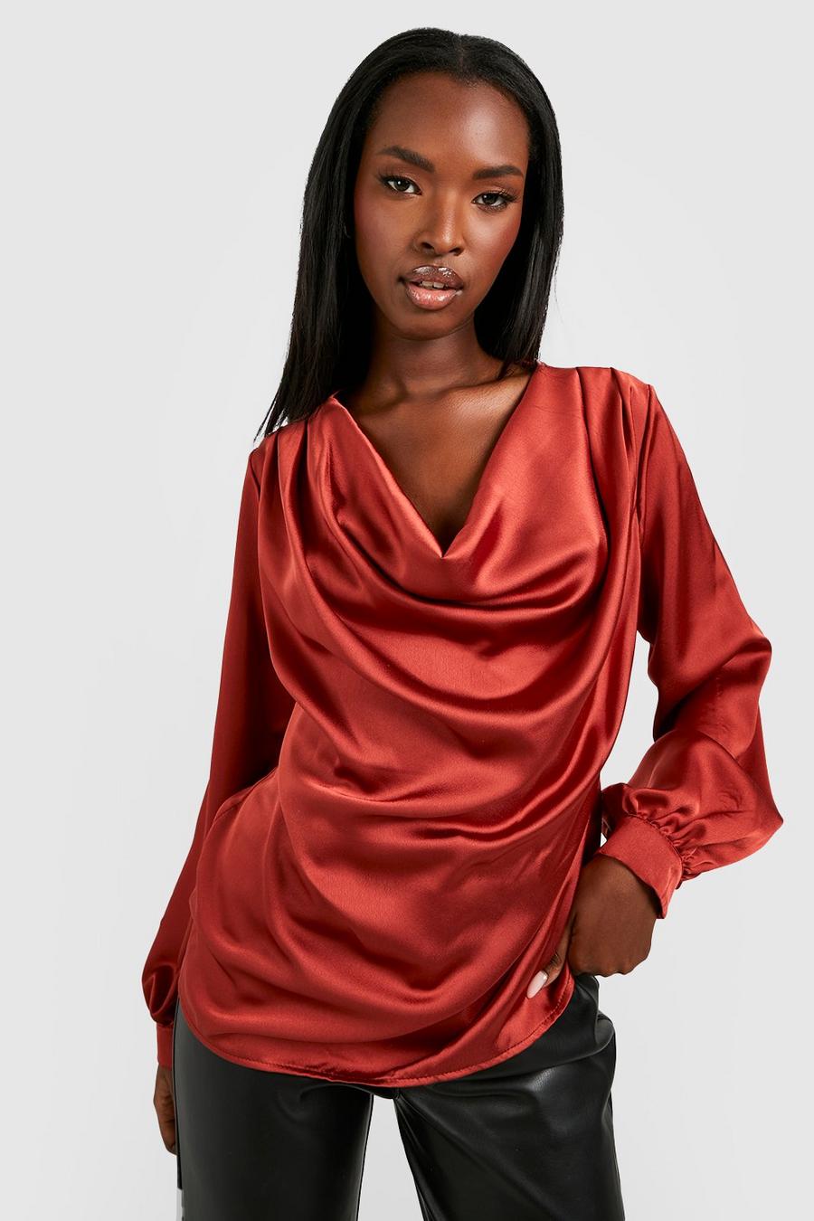 Terracotta Satin Cowl Puff Sleeve Blouse image number 1