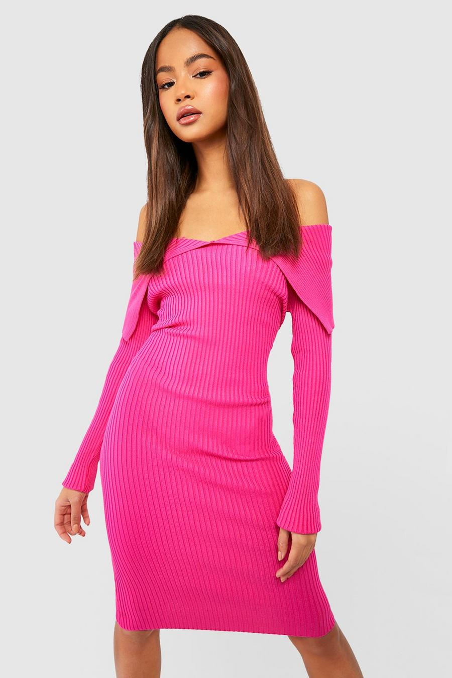 Hot pink rosa Off The Shoulder Rib Knitted Midi Dress