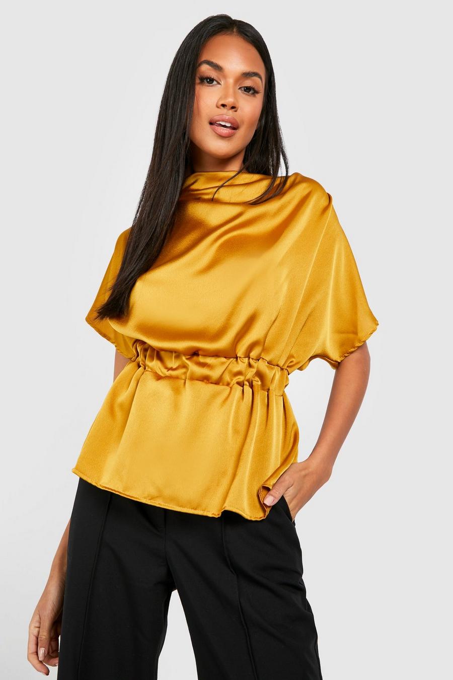 Ochre Satin Cowl Neck Floaty Sleeve Blouse image number 1