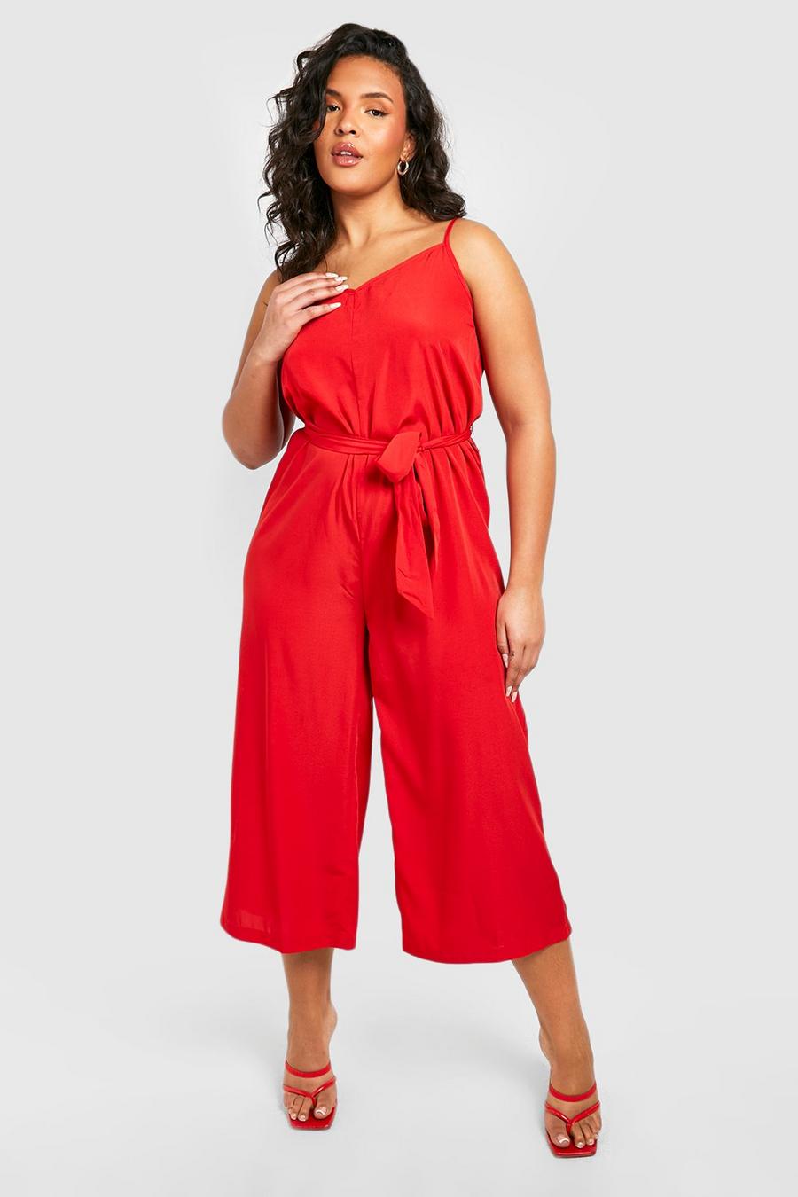 Red Plus Woven Strappy Culotte Jumpsuit image number 1