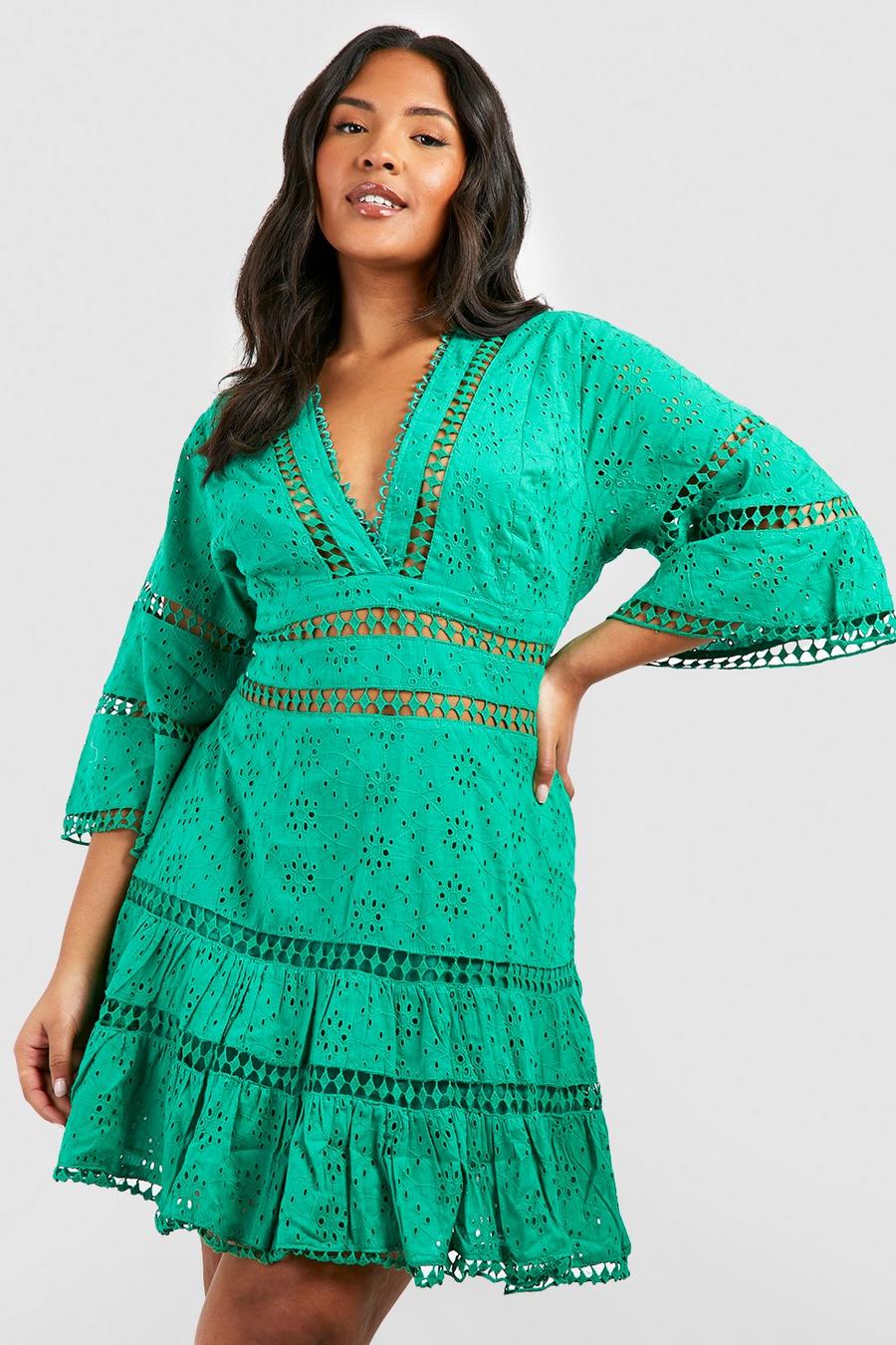 Green Plus Eyelet Tiered Smock Dress