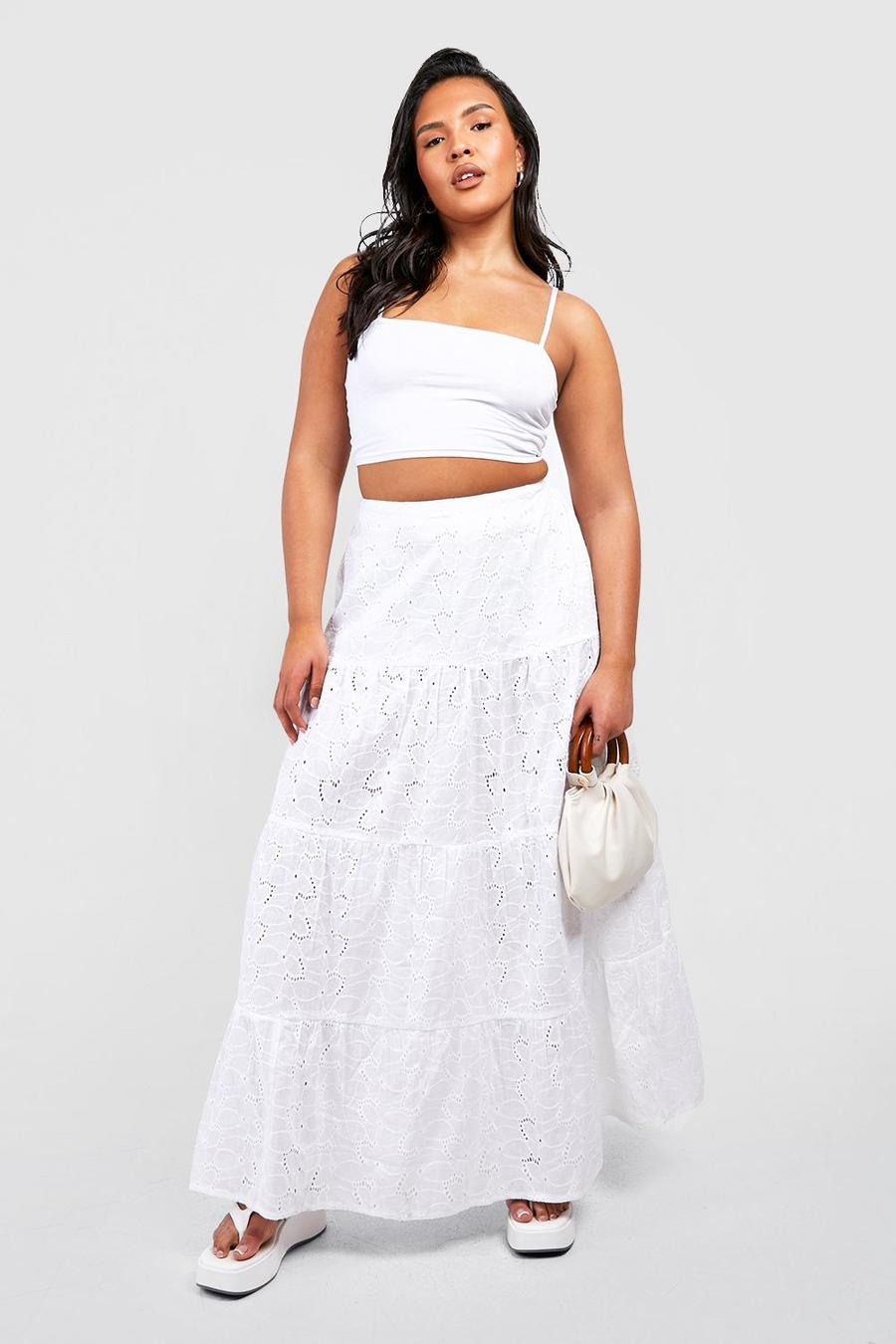 White Plus Broderie Tiered Maxi Skirt  image number 1