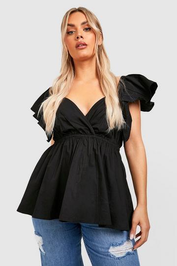 Plus Cotton Poplin Ruffle Sleeve Smock Top black