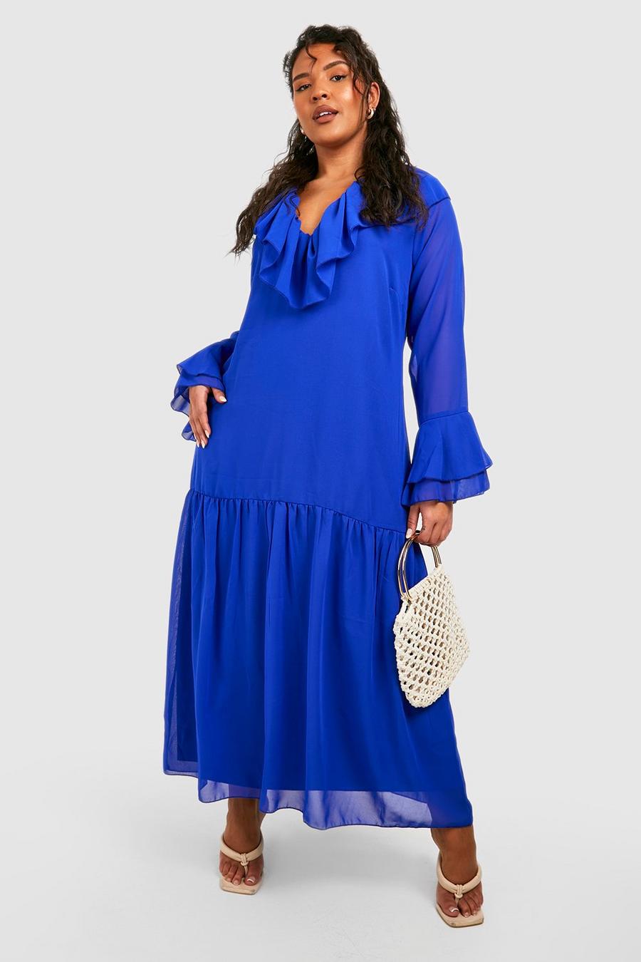 Cobalt blue Plus Chiffon Ruffle Midi Dress image number 1