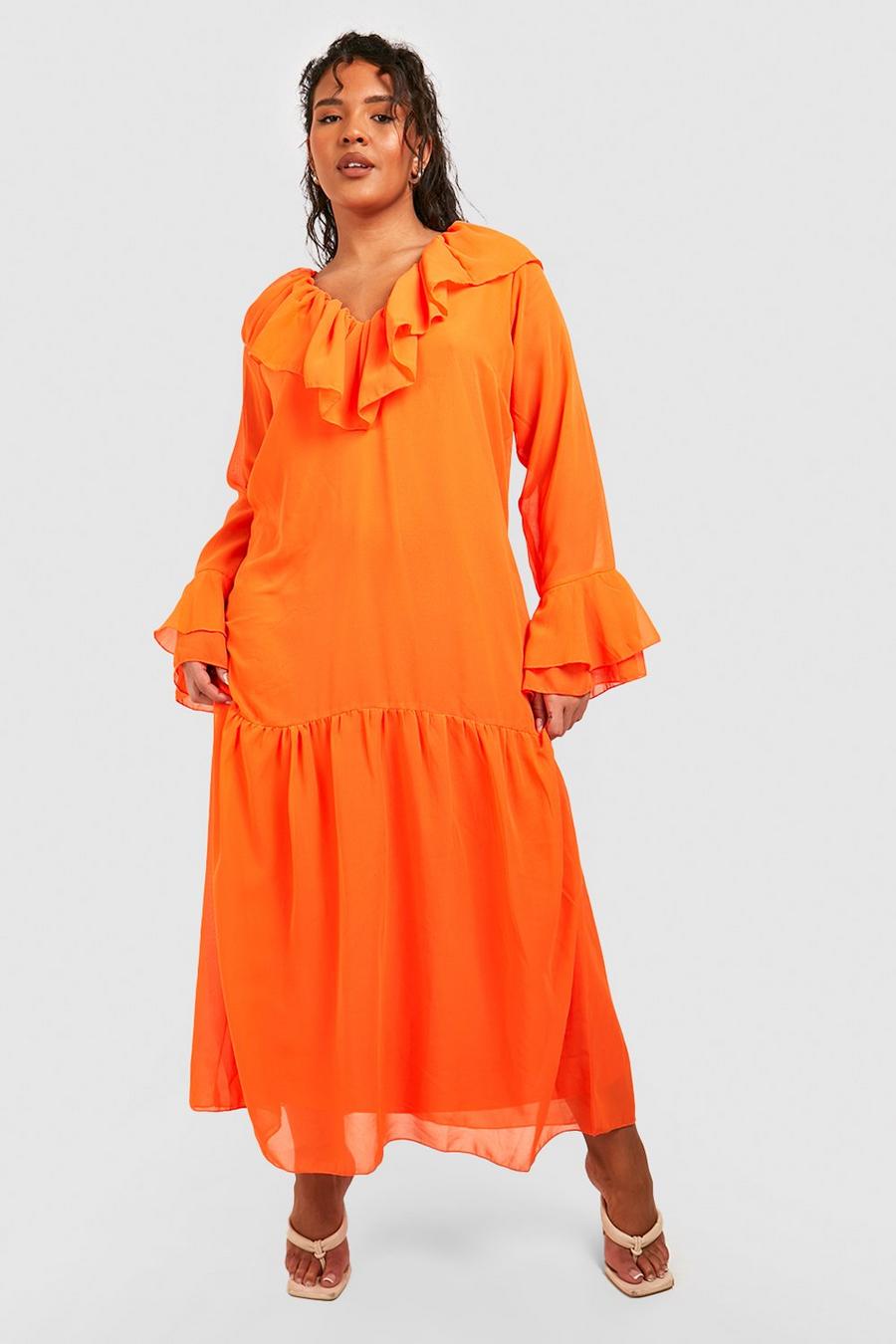 Orange Plus Chiffon Ruffle Midaxi Dress image number 1