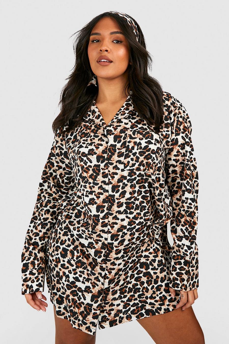 Plus Leopard Print Shirt Dress With Headscarf