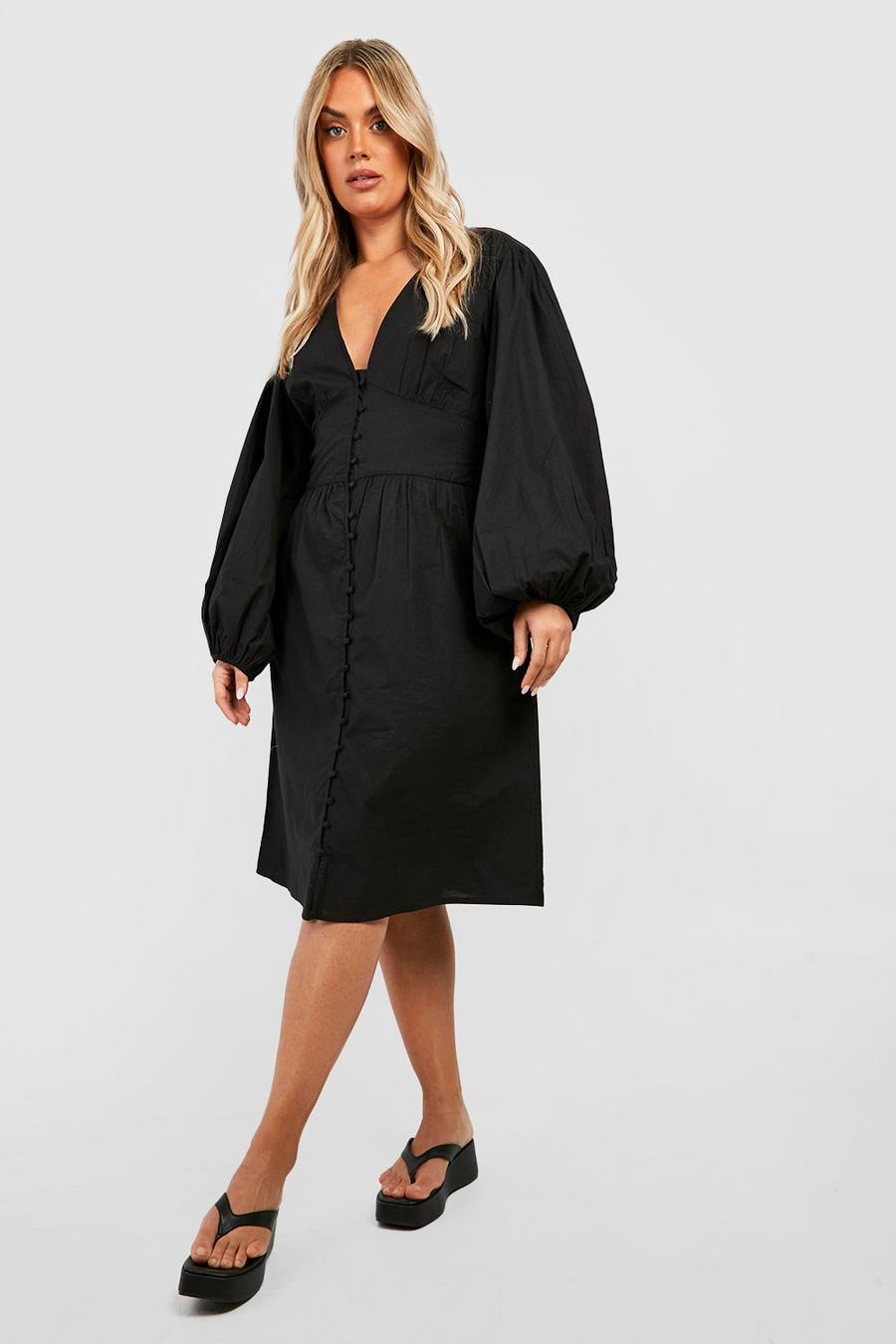 Black Plus Cotton Extreme Blouson Sleeve Midi Dress