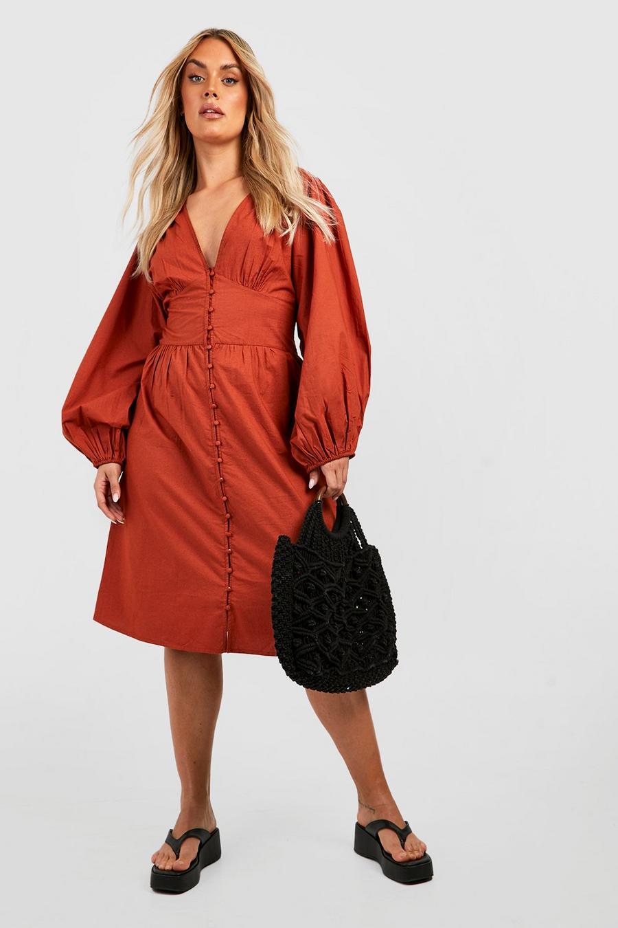 Terracotta Plus Cotton Extreme Blouson Sleeve Midi Dress image number 1