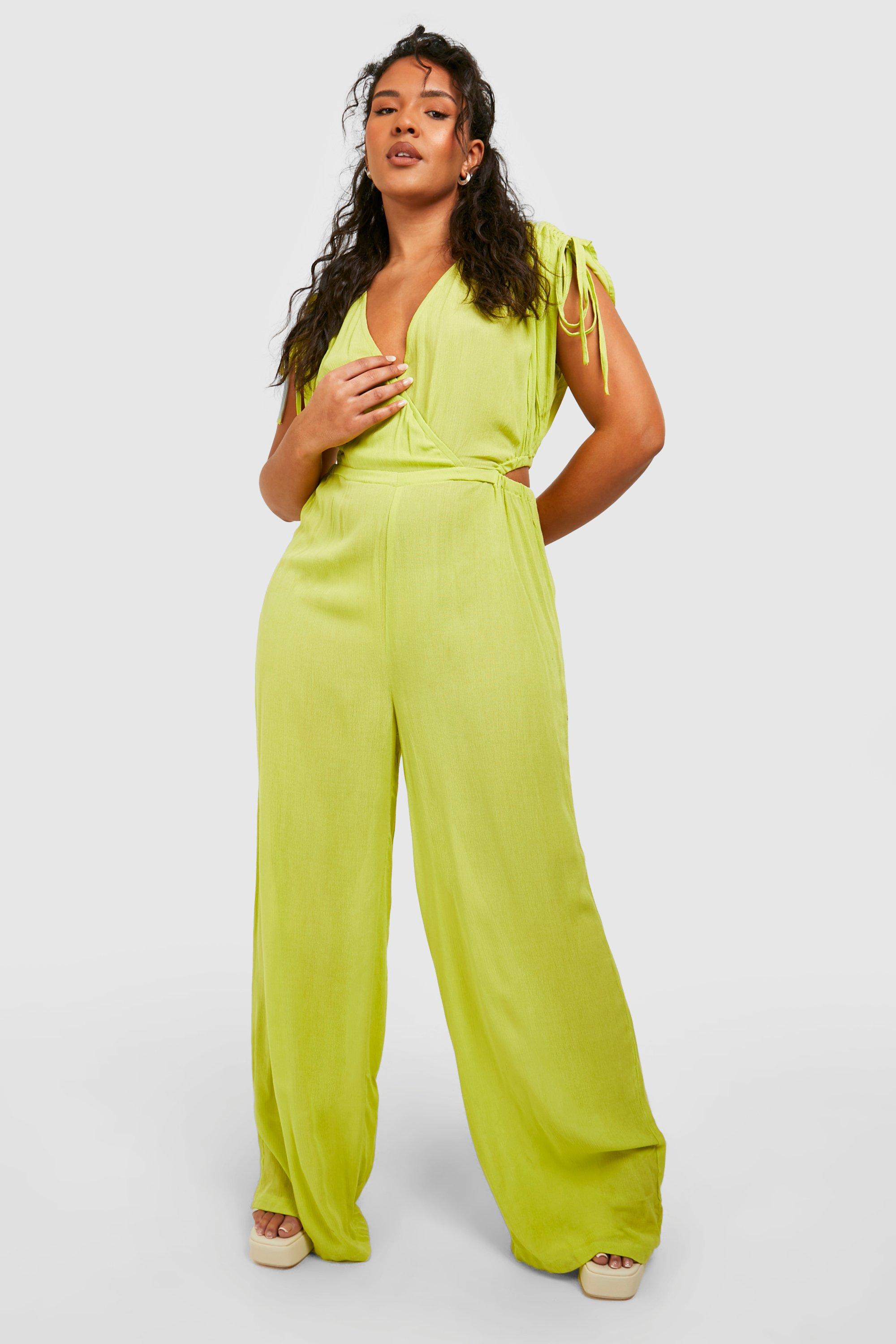 Women s Plus Gathered Sleeve Wide Leg Jumpsuit Boohoo UK