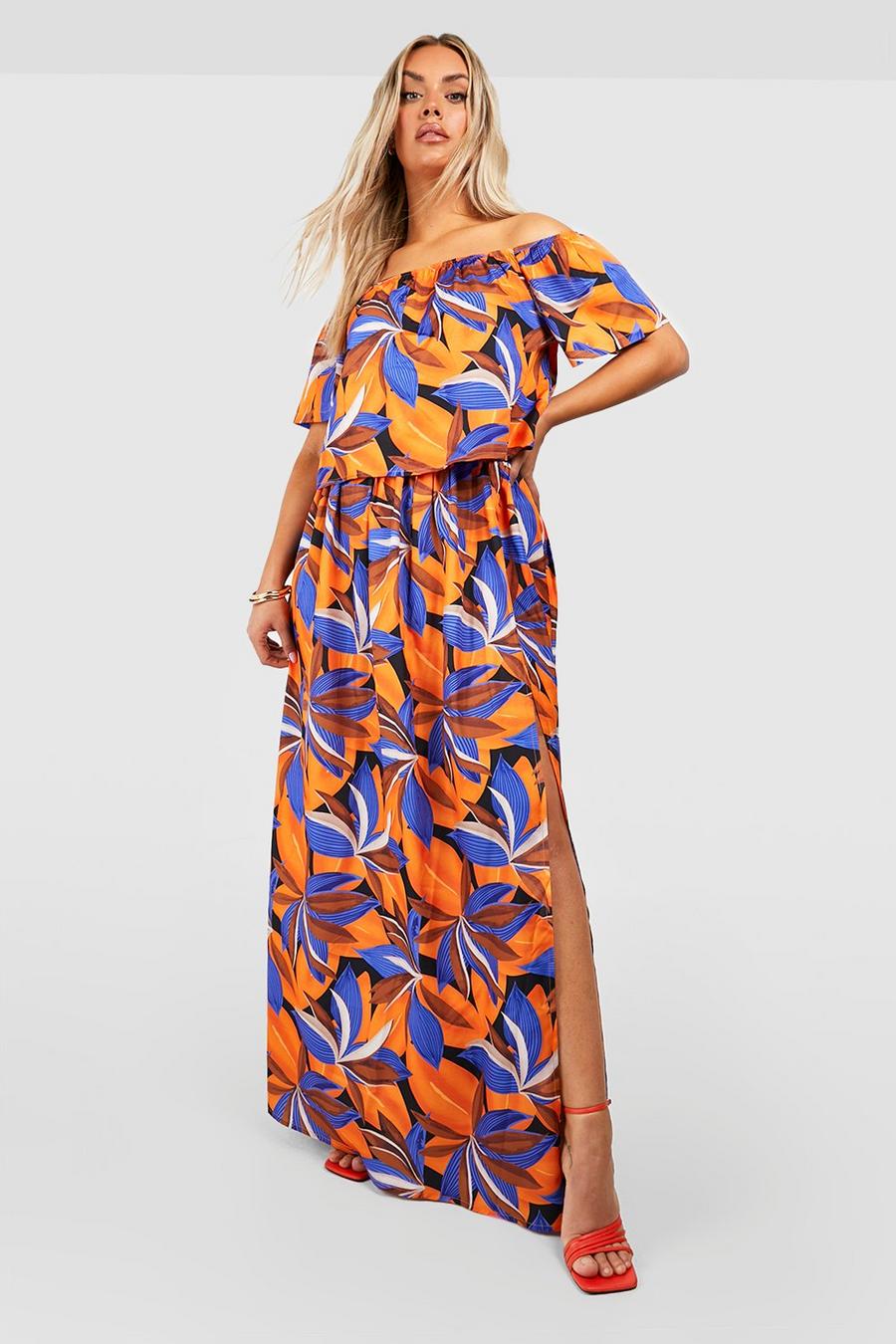 Conjunto coordinado Plus de falda y top con escote bardot y estampado de flores tropicales, Orange image number 1