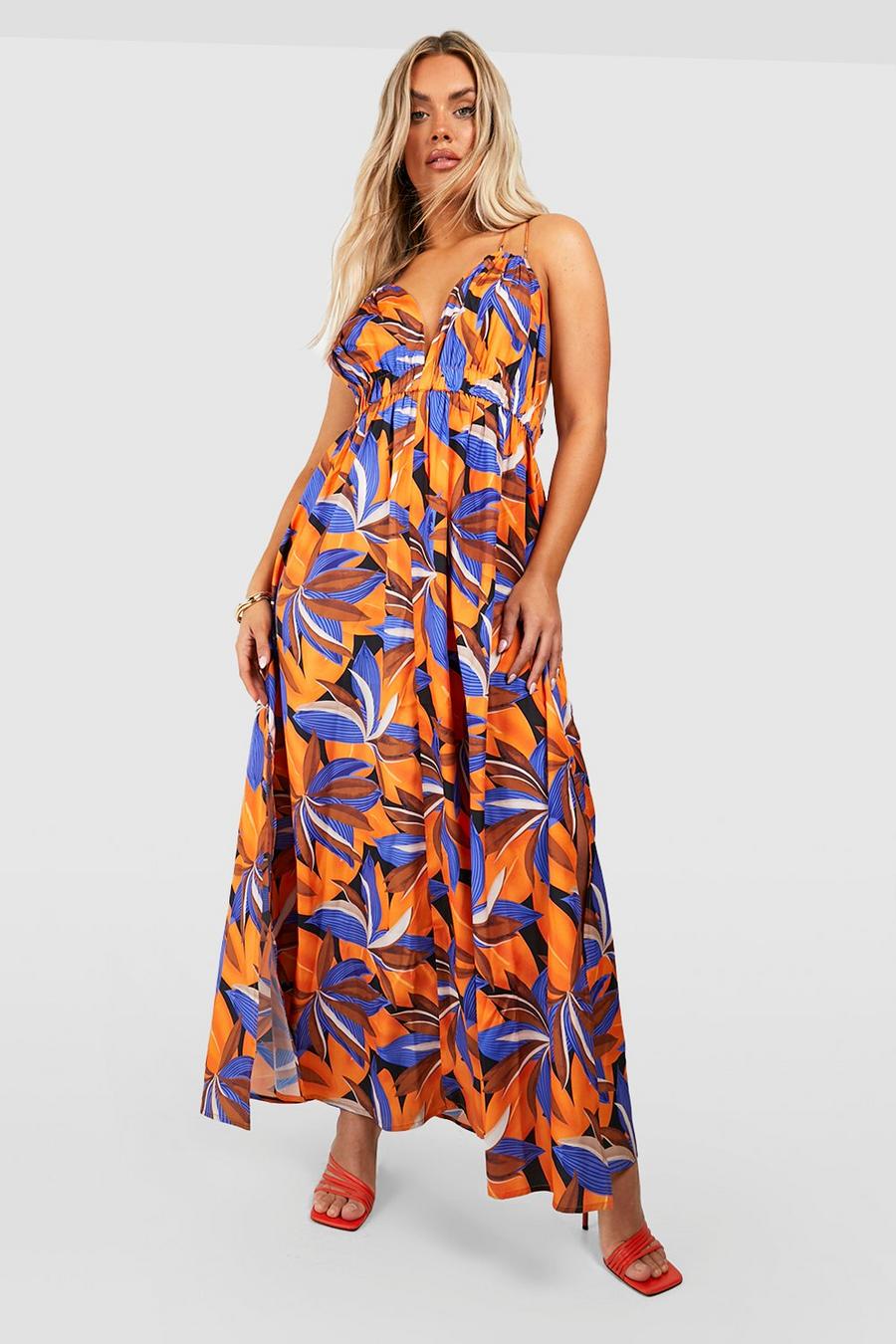 Orange naranja Plus Tropical Print Ruffle Detail Plunge Maxi Dress