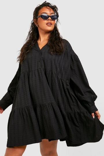 Black Plus Textured Smock Mini Dress