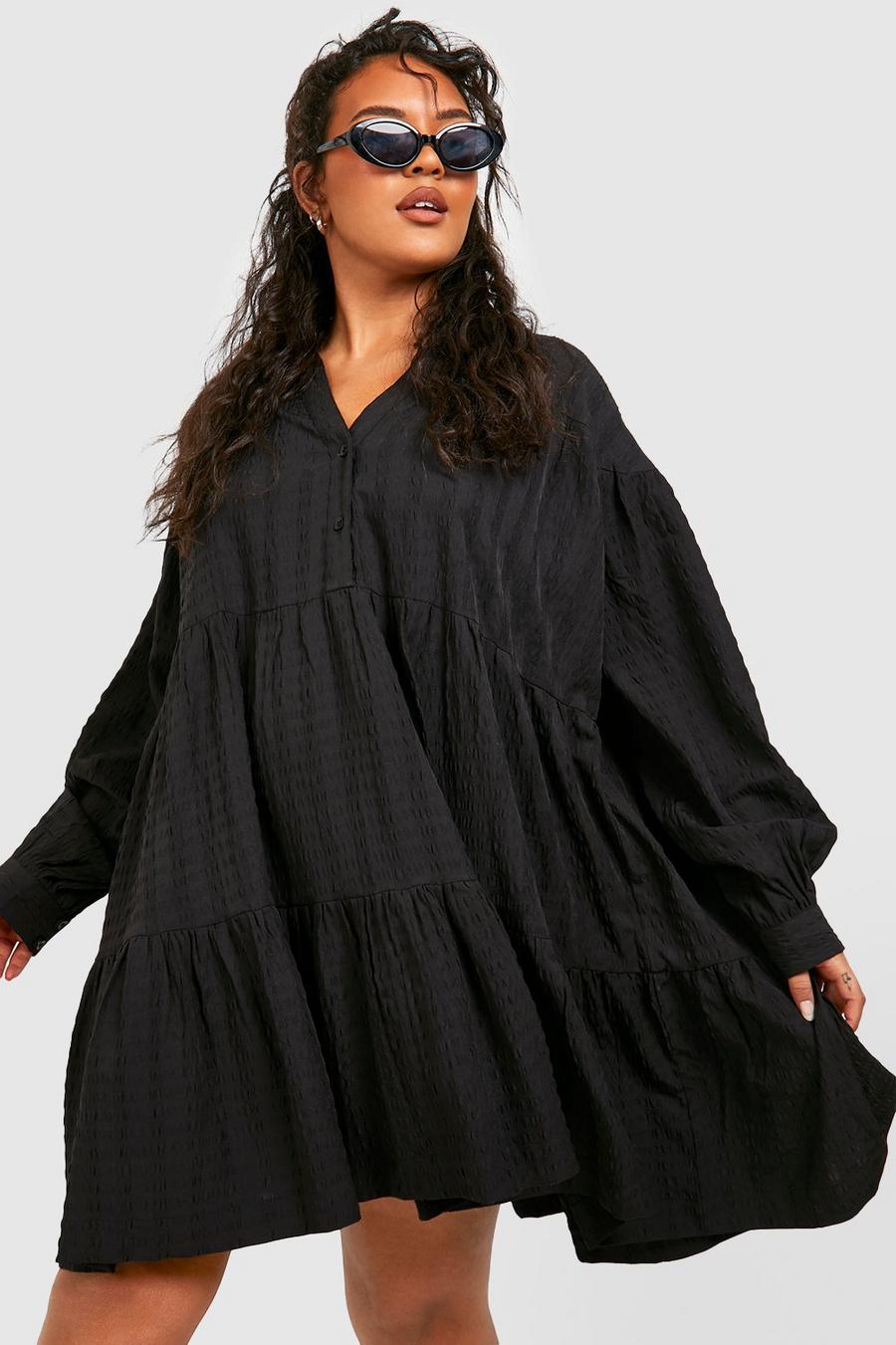 Black Plus Textured Smock Mini Dress 