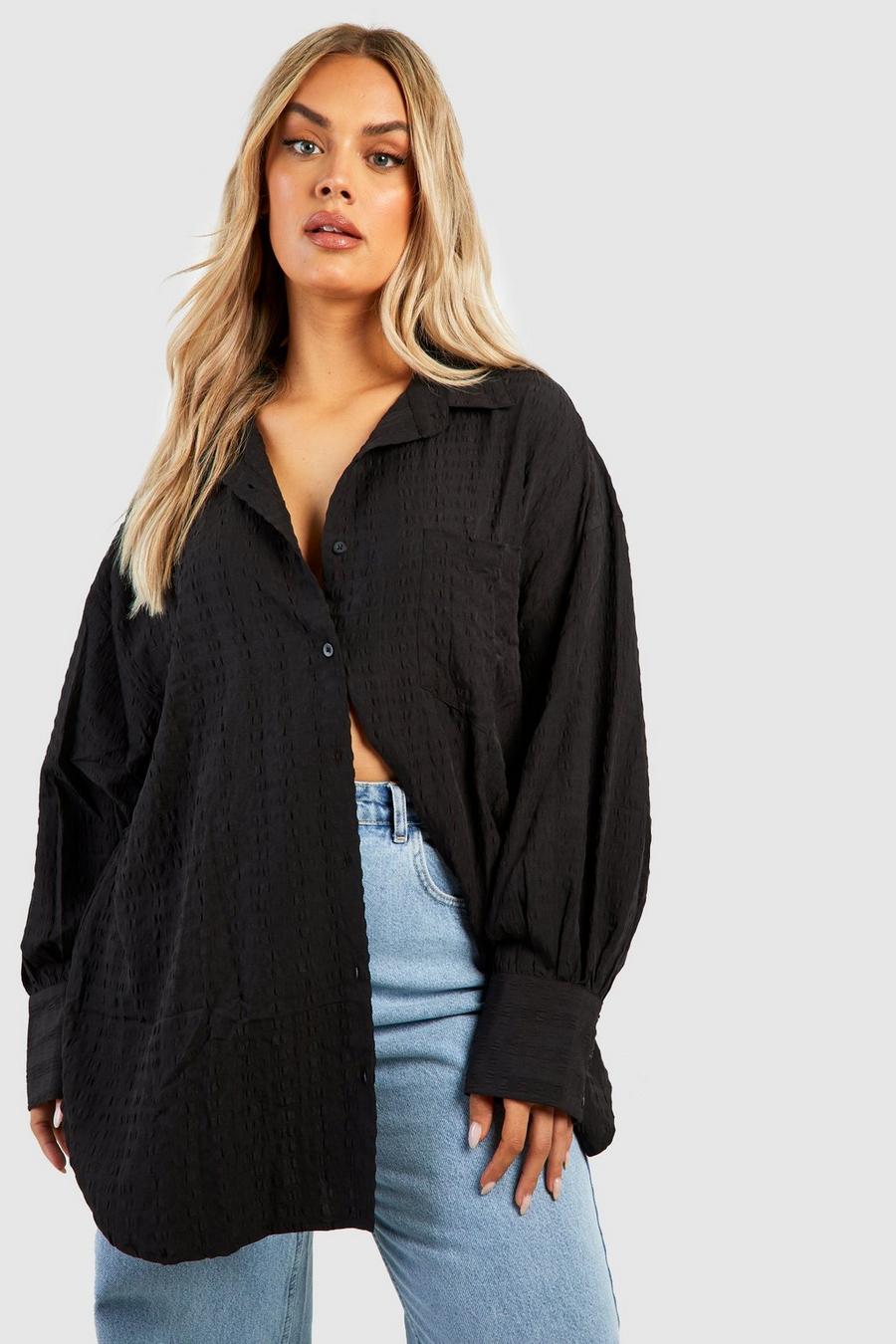 Camicia Plus Size oversize con trama in rilievo, Black image number 1