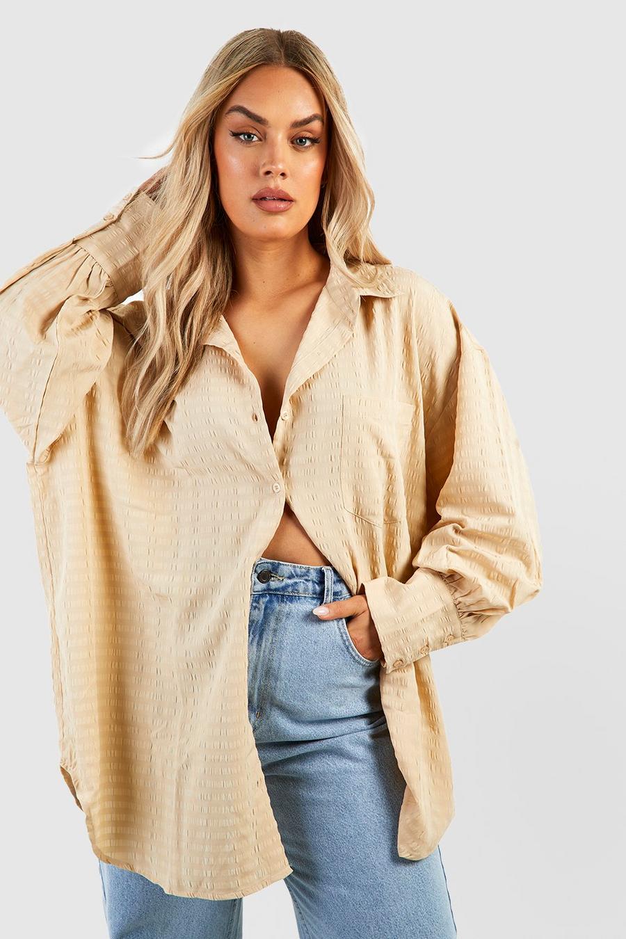 Stone beige Plus Textured Woven Oversized Shirt image number 1