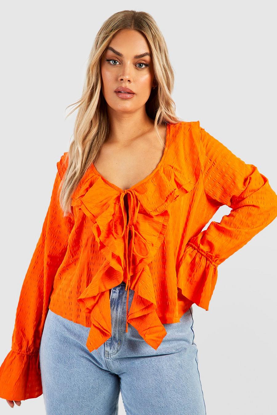Orange Plus Textured Ruffle Tie Front Blouse image number 1
