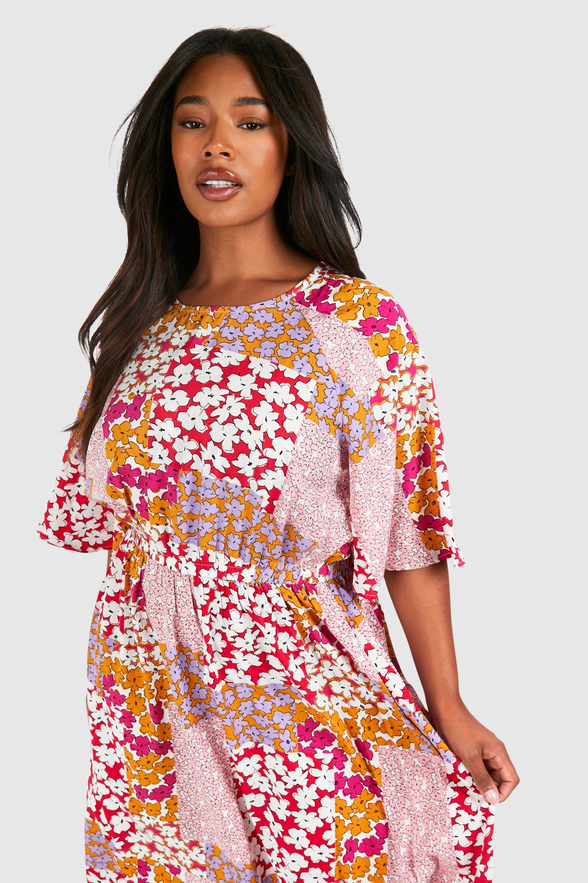 Plus Angel Sleeve Mixed Floral Print Dress boohoo IE