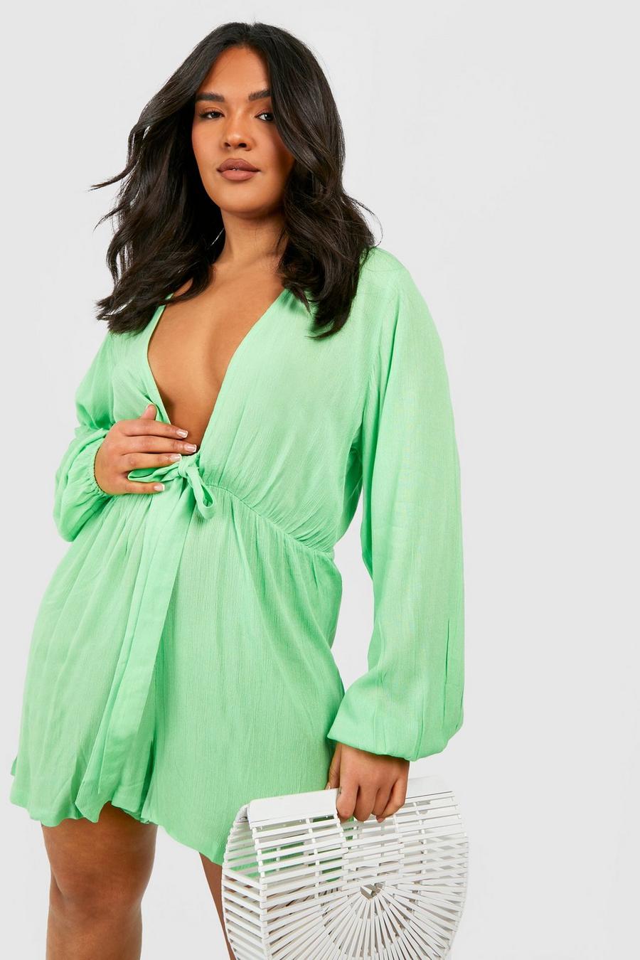 Green Plus Tie Front Plunge Beach Playsuit image number 1