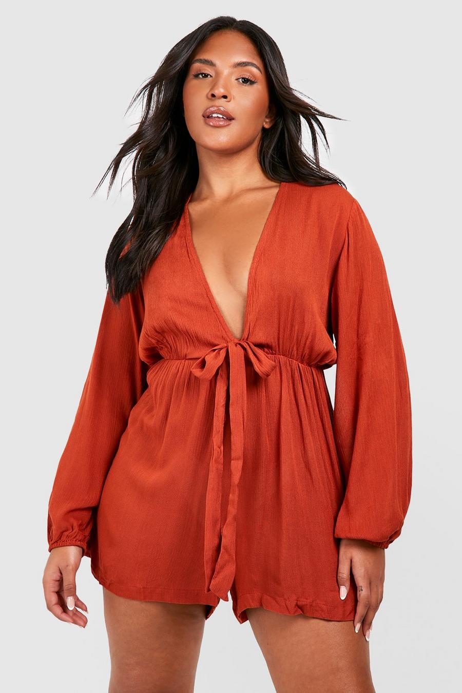 Rust Plus Tie Front Plunge Beach Playsuit image number 1