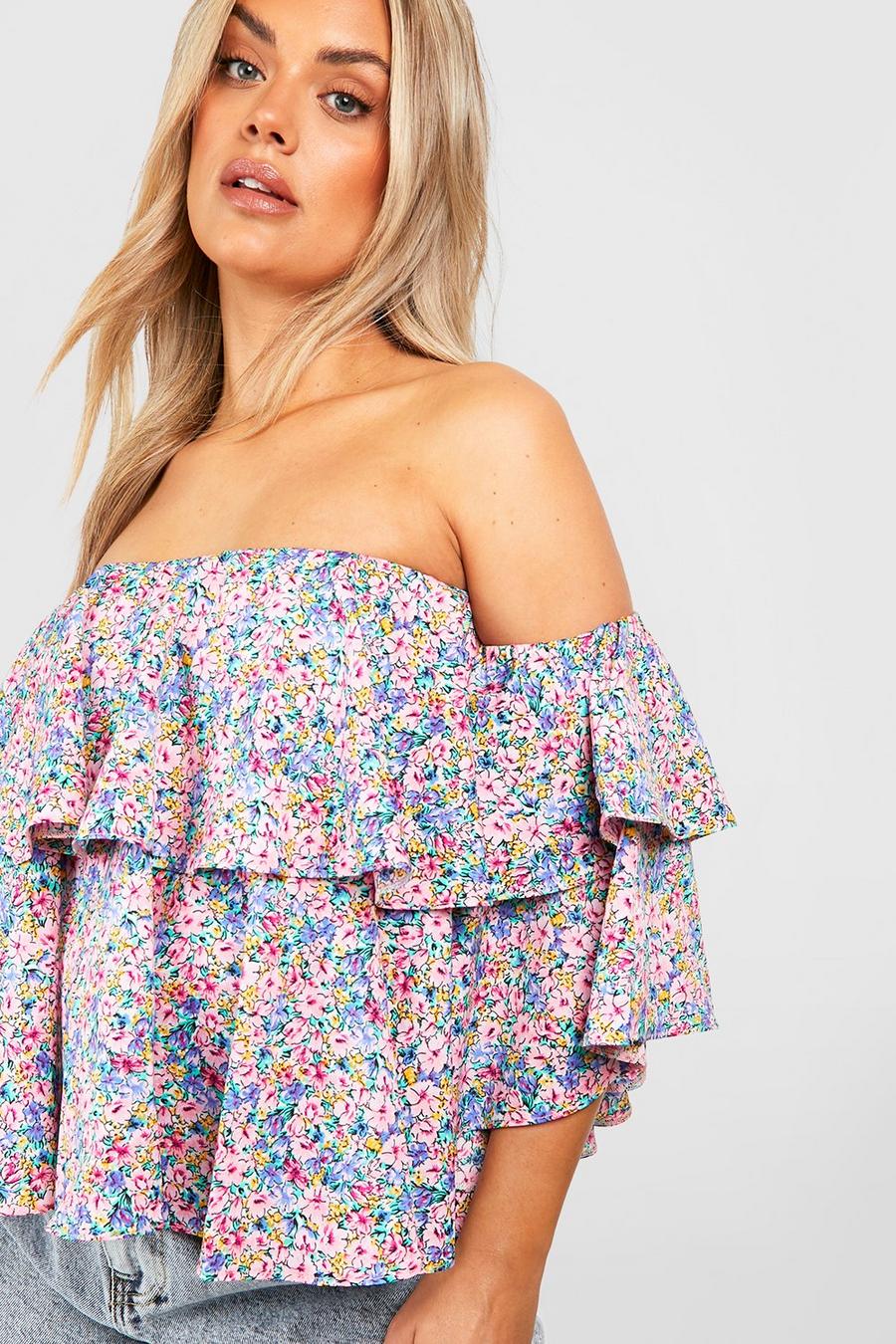 Pink Plus Pretty Floral Off The Shoulder Ruffle Peplum Top image number 1