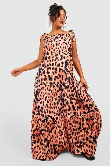 Multi Plus Leopard Tie Detail Tiered Maxi Dress