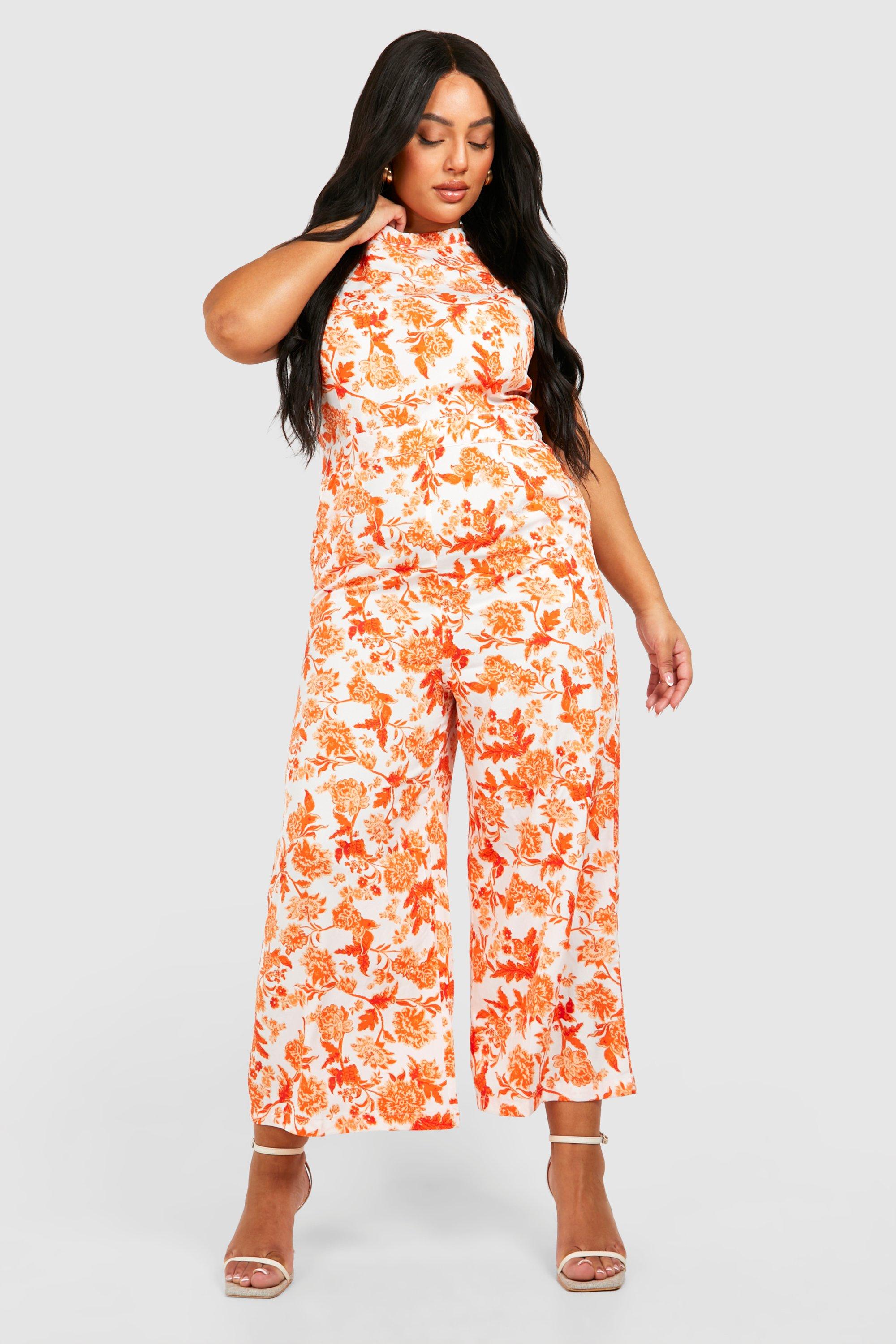 Womens Orange Summer Beech Holiday Tropical Print Double Layer Culotte  Jumpsuit