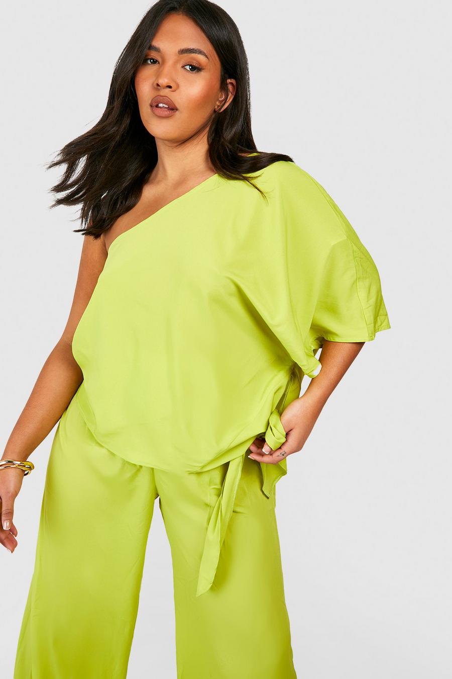 Chartreuse yellow Plus Asymmetric Top & Wide Leg Pants Two-Piece image number 1