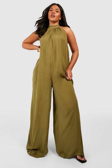 Plus Cheesecloth Halter Wide Leg Jumpsuit khaki