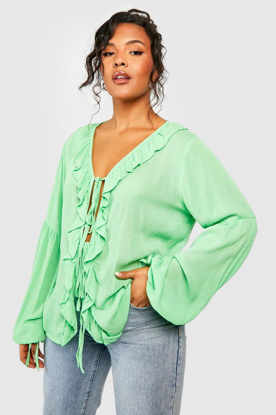 Apple green Plus Ruffle Front Cheesecloth Top