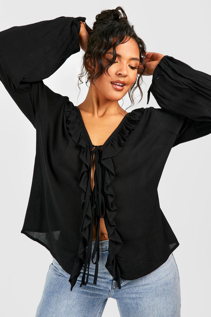Black negro Plus Ruffle Front Cheesecloth Top