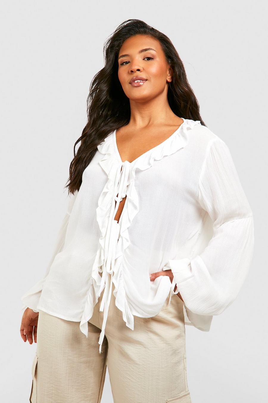 White Plus Ruffle Front Cheesecloth Top