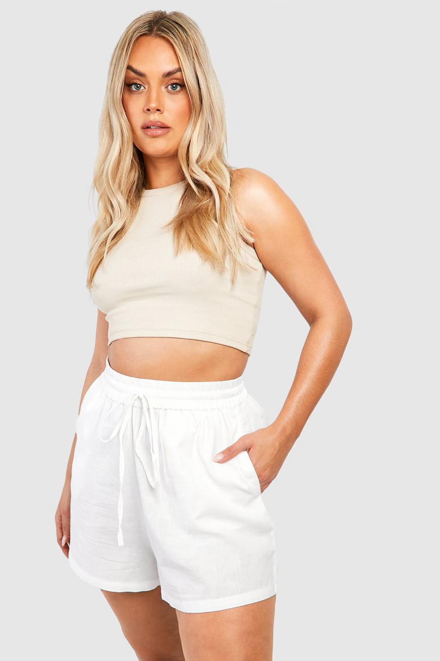 White Plus Losse Linnen Shorts image number 1