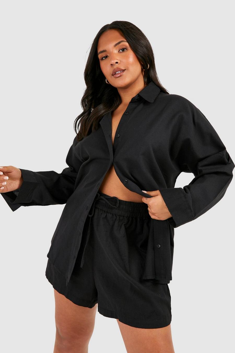 Camicia Plus Size oversize in lino, Black nero