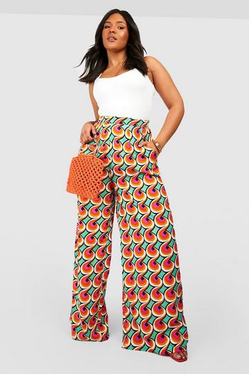 Plus Retro Geo Print Wide Leg Broek green