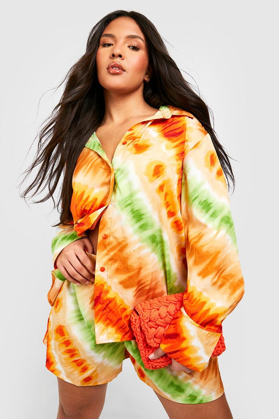 Set Plus Size in raso in fantasia tie dye - camicia & pantaloncini coordinati, Orange