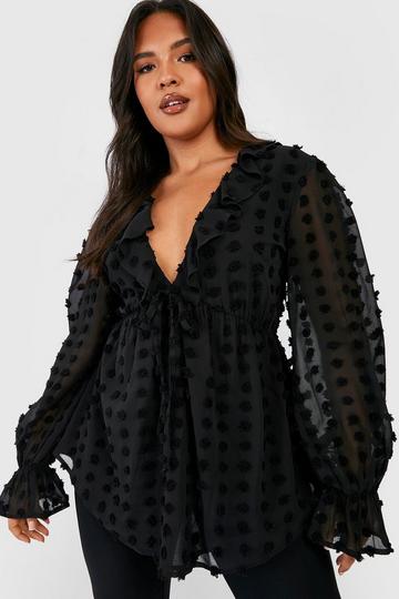 Plus Large Dobby Chiffon Ruffle Smock Top black