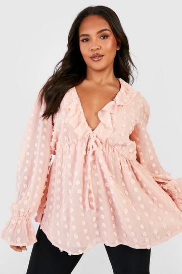 Plus Large Dobby Chiffon Ruffle Smock Top blush