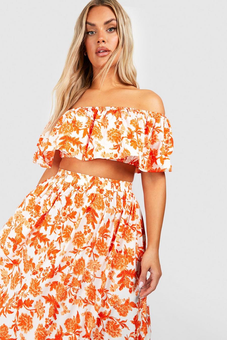 Orange Plus Woven Floral Off Shoulder & Maxi Skirt Co Ord image number 1