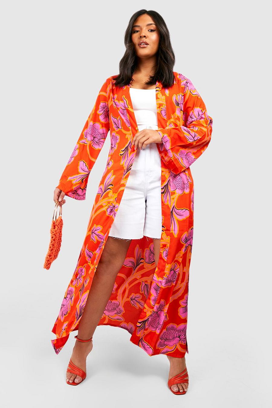 Multi Plus Woven Large Floral Print Belted Longline Kimono