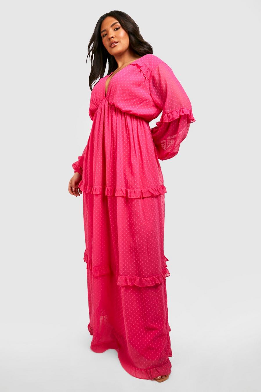 Hot pink Plus Dobby Mesh Ruffle Maxi Dress